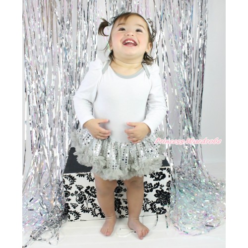 White Long Sleeve Baby Bodysuit Sparkle Grey Sequins Pettiskirt JS4329
